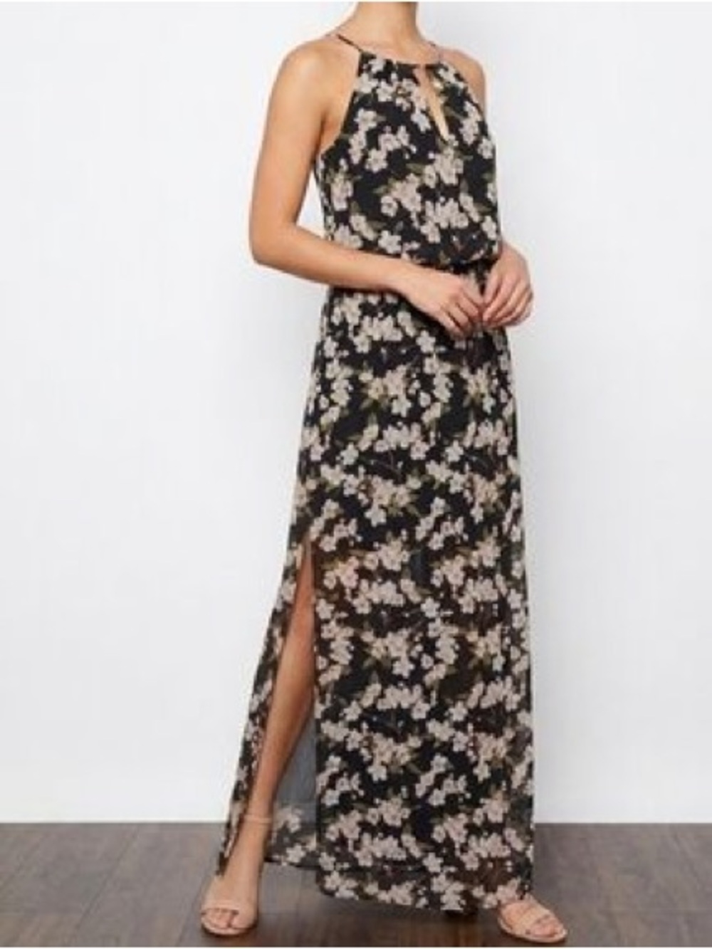 Black Floral Maxi halter Dress with tie back